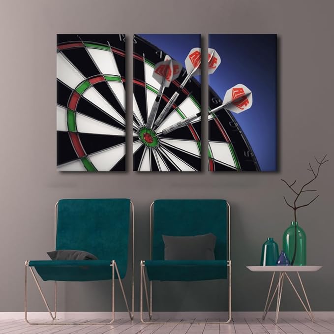 3 Panels Sports Theme Wall Art Dart Hits the Bullseye Wall Art Inspirational Wall Art Modern Artwork Dart Plate Canvas Prints Pictures on Canvas Wall Art for Home Decor Ready to Hang(24"Wx36"H)