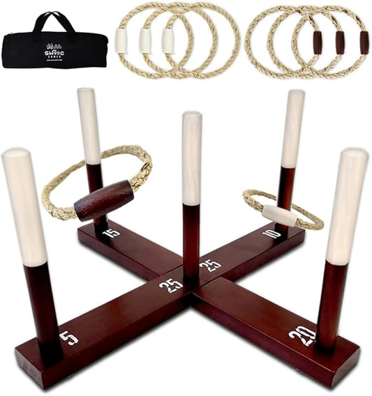 SWOOC Games - Rustic Ring Toss Game (All Weather) - Easy Setup & Extra Games Included - Ring Toss Game for Adults - Outdoor Acitivities for Adults - Yard Toys for Kids - Backyard Fun - Outdoor Party
