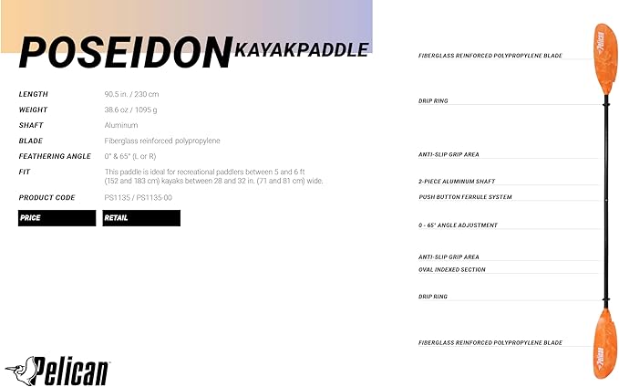 Pelican - Poseidon Paddle - Aluminum Shaft with Reinforced Fiberglass Blades - Lightweight, Adjustable Kayaks Paddles - Perfect for Kayaking Boating