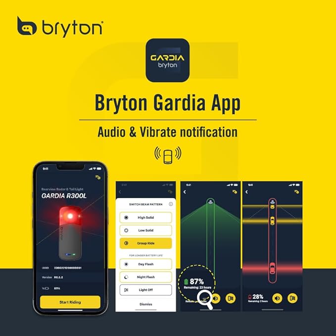 Bryton GARDIA R300L Cycling/Bike Radar with Tail Light, Visual and Audible Alerts for Vehicles up to 207 Yards Away, IPX7 Waterproof, Viewing Angle 220°, Support APP Display