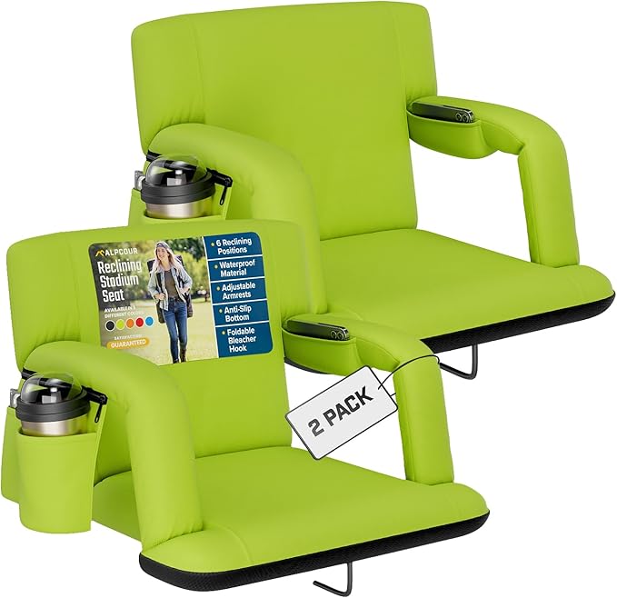 Alpcour Reclining Stadium Seat – Wide Bleacher Chair with Back Support and Cushion, Armrests, Side Pockets, and Bleachers Hook – Best Stadium Seats Chairs for Camping, Kayak, & Paddle Board Backs