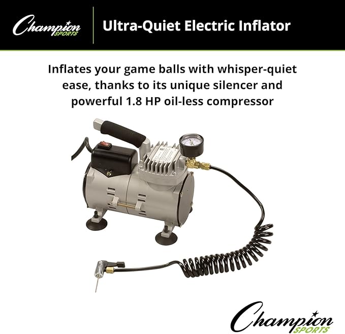 Champion Sports Electric Ball Inflator with Needle - Quiet Air Compressor for Basketball, Soccer, Volleyball & Sports Balls, High PSI Rating, Fast Inflation, 110-120V AC Power for Gym & School Use