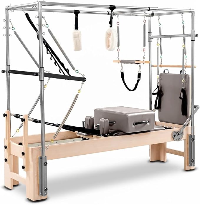 Pilates Reformer with Half Trapeze – Maple Wood Frame, Adjustable Resistance & Half Trapeze for Home Gym, Core Strength, Flexibility & Full-Body Workouts, Mocha
