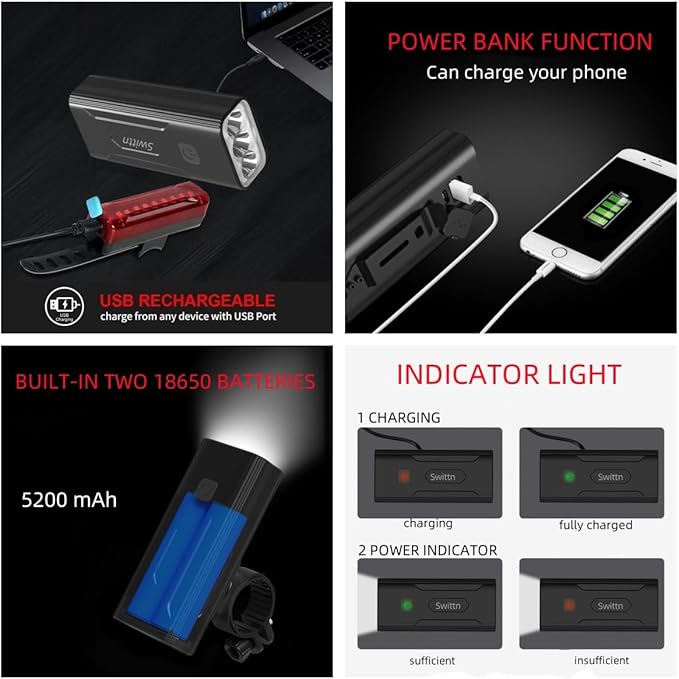High Lumen Super Bright Bike Lights,5200mAh Runtime 10+ Hours,Rechargeable Bicycle Lights Front and Back for Night Riding,5 Light Modes,Easy to Install Without Tools
