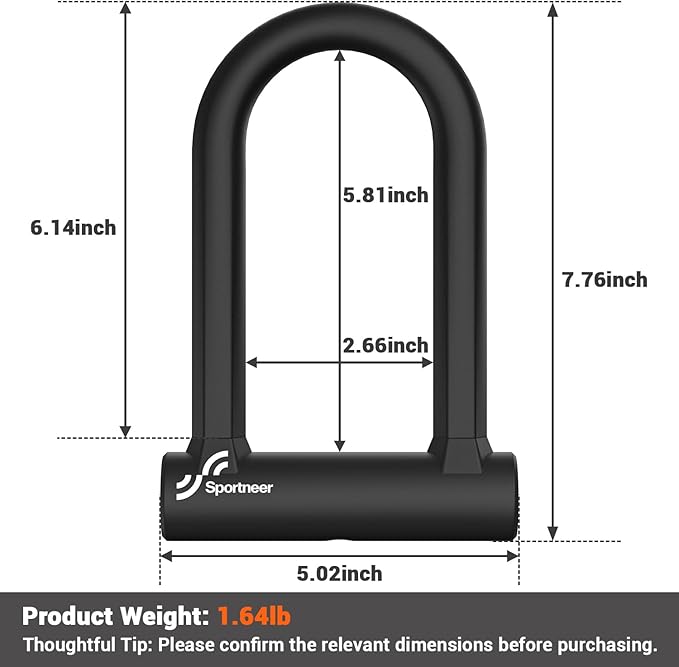 Sportneer Bike Lock: Heavy Duty Anti Theft Bike U Lock with 5ft Security Steel Cable - 17mm Shackle Bicycle U-Locks with Keys & Sturdy Mounting Bracket for Road, Mountain, Electric & Folding Bike