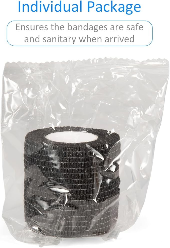 24 Pack Self Adherent Cohesive Wrap Bandages Non Woven Cohesive Bandage Elastic Self Adhesive Bandage Wrap Sports Athletic Tape First Aid Tape for Wrist Ankle Pet Vet Wrap Grip Cover 2 inch (Black)