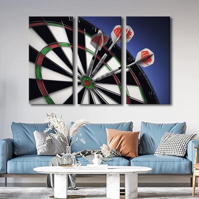 3 Pieces Modern Canvas Painting Wall Art Dart Hits the Bullseye Picture Sports Theme Paintings on Canvas Print Wall Art for Home Wall Decoration Framed Gallery Wrapped Ready to Hang(40" Wx60 H)