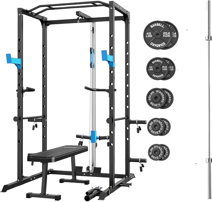 Power Cage, Multi-Functional Power Rack with J-Hooks, Dip Handles, Landmine Attachment and Optional Cable Pulley System for Home Gym
