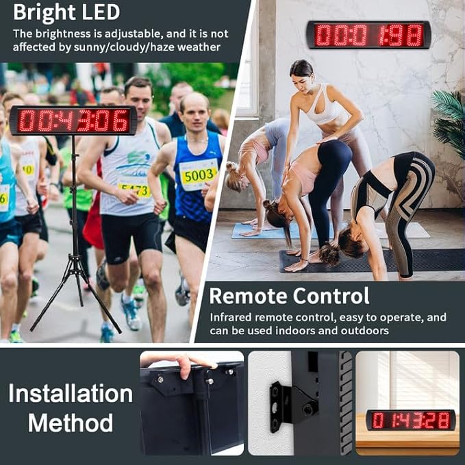 Portable 5 inch High 6 Digits LED Race Clock with Tripod for Running Events, Countdown/up Digital Race Timer, 12/24-Hour Clock,LED Stopwatch by Remote Control