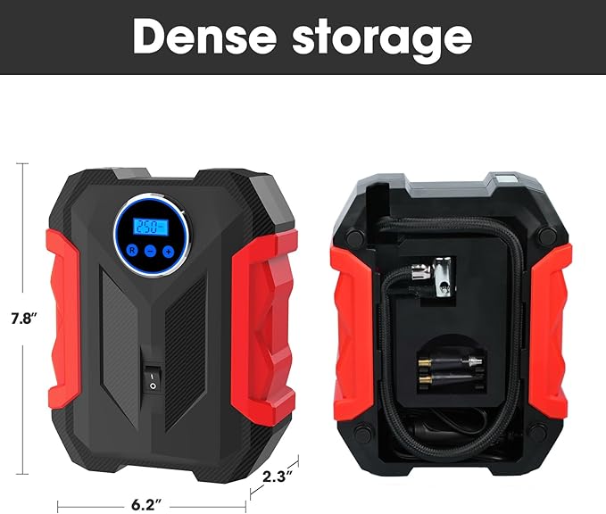 Digital Air Compressor for Car Auto Pump Portable Tire Inflator with LED Light DC 12V, Red