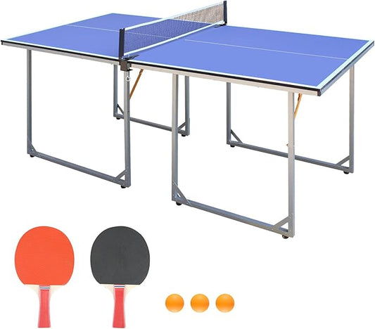 Compact Ping Pong Table, 6ft Mid-Size Indoor/Outdoor Table Tennis Game Set, Foldable, Portable Table Tennis Table with Net, 2 Table Tennis Paddles and 3 Balls