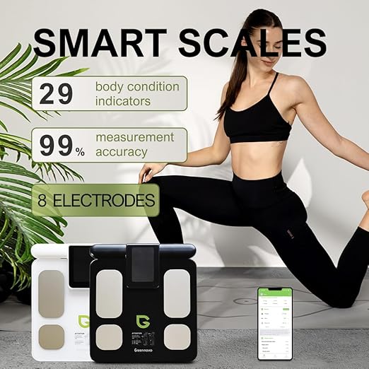 Fitness Body Fat Scales with Hand Sensors 8 Electrodes 29 Body Analysis 180kg Weight Scale, Professional Body Fat and Muscle Mass Analyzer with App/Large Display (Black)