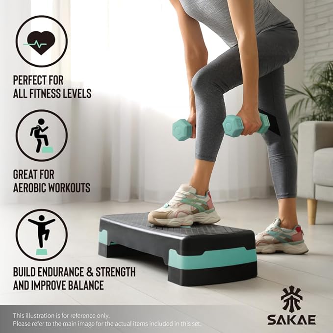 Adjustable Height Aerobic Stepper Set, Multiple Bundle Options with Dumbbells, Kettlebell, Waist Trimmer, Ankle Weights or Weighted Vest, Workout Exercise Step Platform w/Level Risers, 4 Colors