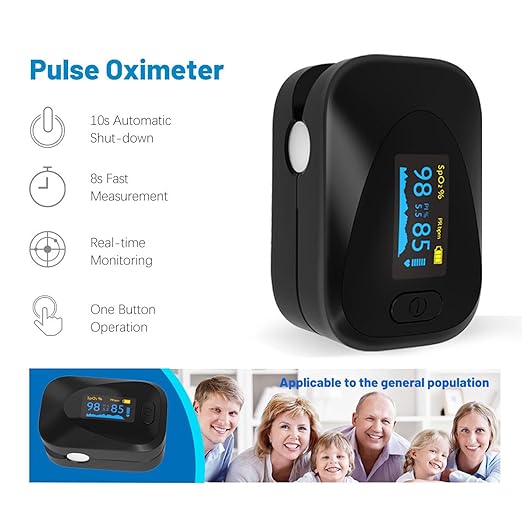 Oximeter, Pulse Oximeter, Oximeter with Alarm, Fingertip Pulse Oximeter, Portable SpO2 Pulse Rate Monitor, Oximetro Batteries and Lanyard (Black)