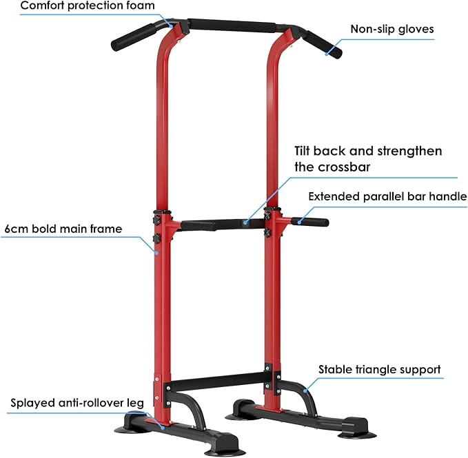 Dland Power Tower Pull Up Bar Dip Station and Height Adjustable Dip Bar Stand, Multi-Function Home Gym Exercise Equipment Strength Training Fitness Workout Station