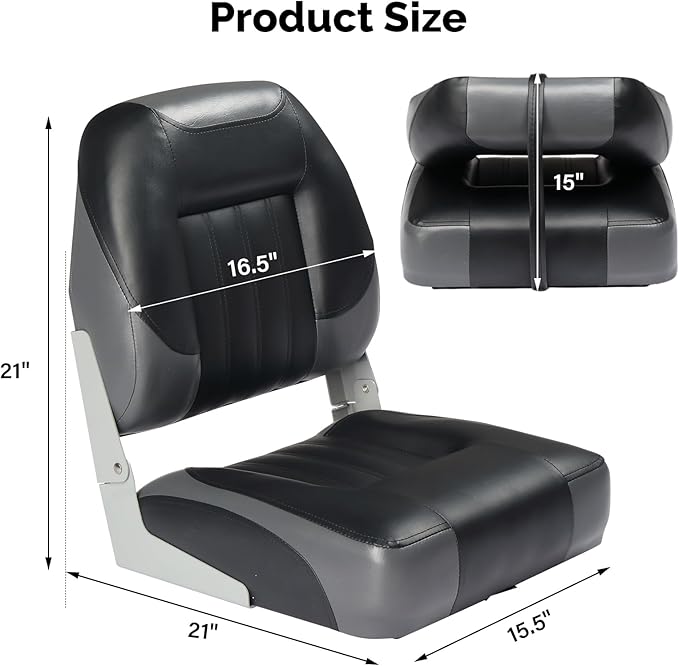PEXMOR Boat Seats Low/High Back, Folding Boat Seat Included, Fold-Down Fishing Boat Seats Waterproof Captain Boat Seat w/Aluminum Hinges & Thick Soft Cushion, 2 Packs (Low Back-Grey & Black)