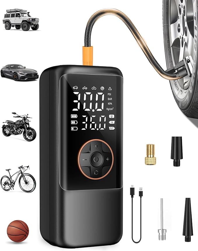 Tire Inflator Portable Air Compressor, 150PSI Air Compressor for Car Tires, Cordless Bike Pump with Pressure Gauge & LED Light, Tire Pump for Cars, Motorcycles, Bikes, Balls
