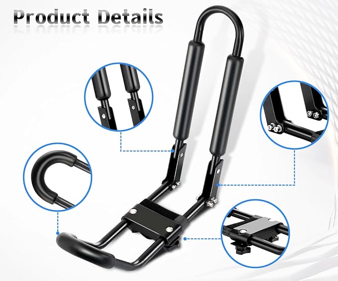 DRSPORTS 2 Pairs Heavy Duty Universal J-Bar Kayak Rack Roof Top Carrier for Kayak Canoe Paddle Boat Mounted on Car SUV, Car and Truck Crossbar with 4 pcs Tie Down Straps