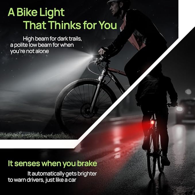 Bike Lights Kit Front and Back, USB C Rechargeable with Auto Brake Sensing, Waterproof Bicycle Headlight & Tail Light Set for Night Riding, Long Battery Life for Cycling Safety