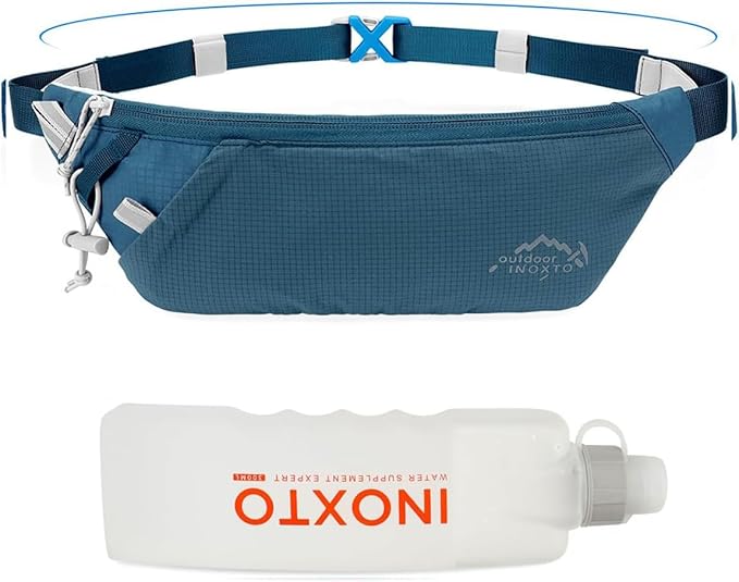 INOXTO Slim Running Belt Fanny Pack for Women and Men Sports Waist Bag Pack with 300ml Water Bottle for Running Walking Cycling Hiking Reflective Running Pouch Belt for All Phones (Dack Blue)