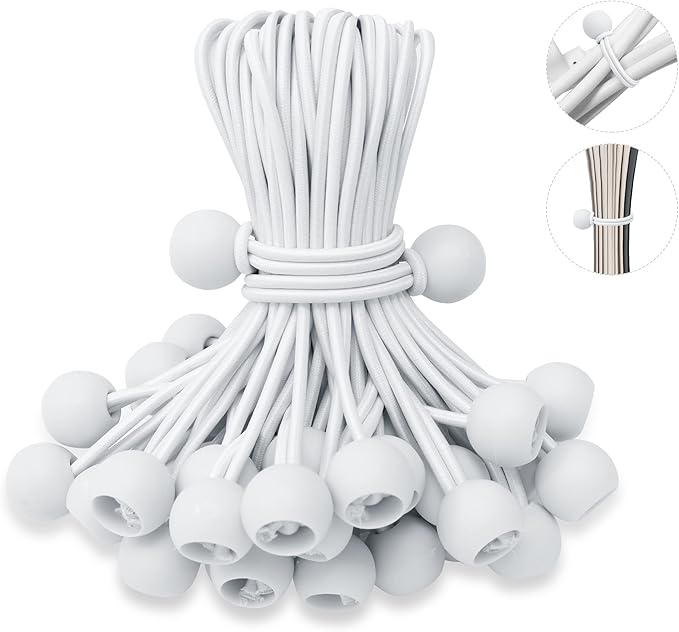 6 Inch Ball Bungee Cords, Heavy Duty UV Resistant Elastic Strap, Reusable Tie Down Cord with Balls, Indoor Outdoor Cords for Golf Net, Soccer Goals, Camping, Tent Poles, Hose (White, 50 Pack)
