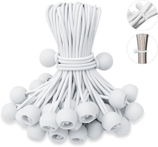 6 Inch Ball Bungee Cords, Heavy Duty UV Resistant Elastic Strap, Reusable Tie Down Cord with Balls, Indoor Outdoor Cords for Golf Net, Soccer Goals, Camping, Tent Poles, Hose (White, 50 Pack)