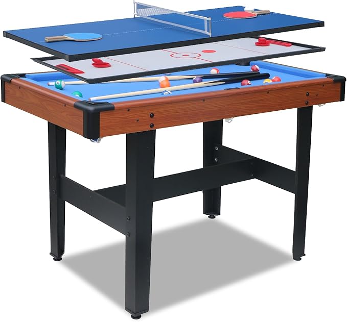48 Inch Pool Table, Ping Pong Table & Ice Hockey Combo, 3-in-1 Multi Game Table with All Accessories, Sturdy Locking Legs, Outdoor or Indoor