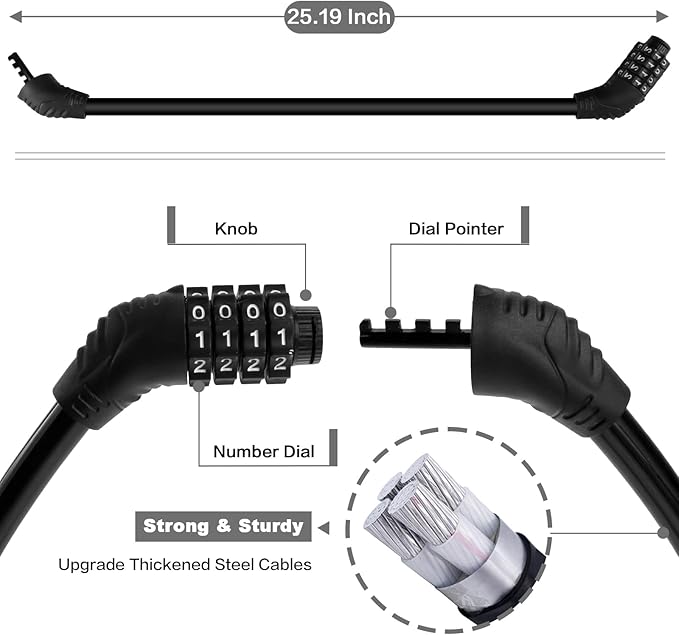 Bike Lock Cable, Bicycle Lock, Bike Locks Heavy Duty Anti Theft, Combination Cable Lock for Outdoor Equipment, Black (1Ps, 2Ft, Reset Combo)