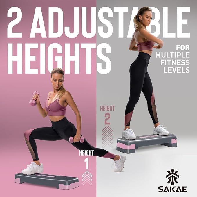 SAKAE Adjustable Aerobic Stepper Kit with Dumbbells & Kettlebell & Weightlifting Belt & Measuring Tape, 2 Level Risers Exercise Step Platform for Home Gym Exercise Fitness Workout, Multiple Colors