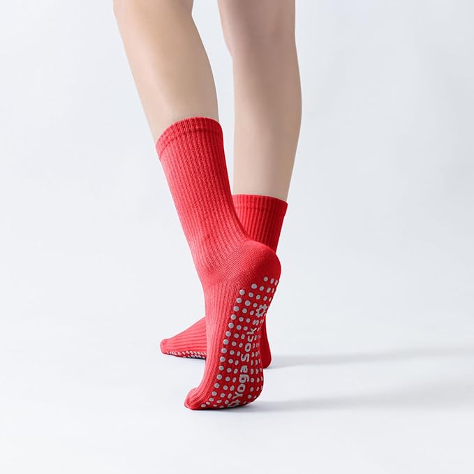 Yoga Pilates Socks with Grips for Women Non Slip Solid Colored Cushioned Crew Compression Socks for Barre Ballet Dance