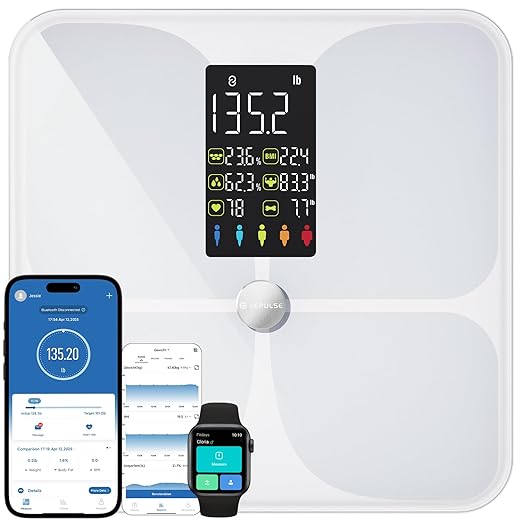 Lepulse Body Fat Scale for Body Weight, 4.68” Large Display with Trend Smart Weight Scale with BMI, Body Fat, Muscle Mass, Heart Rate, Upgraded 20 Body Composition Scale with App, Bathroom Scale White