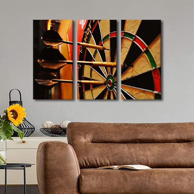 3 Piece Giclee Canvas Prints Wall Art Dart Hits the Bullseye Paintings Inspirational Wall Art for Living Room Sports Theme Home Decorations Stretched Framed Artwork Ready to Hang(28" Wx42 H)