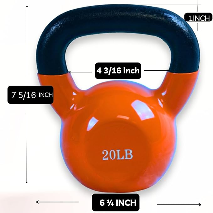 BESEA Orange Vinyl Coated Kettlebell 20~45LBS, Wide Grip Handle, Stable Flat Base, Strength Training, Durable kettle bells