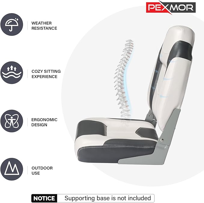 PEXMOR Boat Seats Low/High Back, Folding Boat Seat Included, Fold-Down Fishing Boat Seats Waterproof Captain Boat Seat w/Aluminum Hinges & Thick Soft Cushion, 2 Packs (High Back-Grey & White)