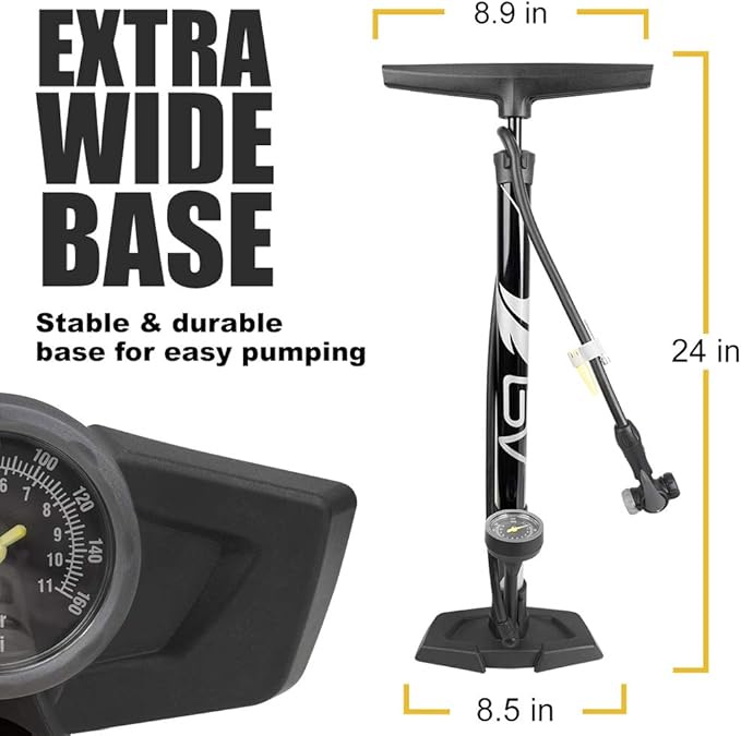 BV Bicycle Pump Durable Bike Floor Pump 17/24 inch Smart Valve Head, 160 psi, Automatically Reversible Presta and Schrader