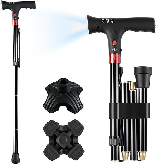 AGPTEK Folding Walking Cane for Women & Men, Adjustable Walking Stick with LED Light and Manual Alarm for Seniors & Adults, Heavy Duty Collapsible Cane with Quad & Tip Base