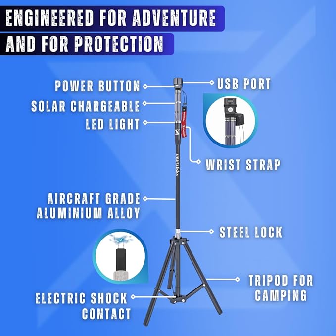 Tactical Walking Stick Staff Self Defense Stun Gun, 2 Bright LED Light Modes, Military Grade Aluminum, USB Charging Port/Fan, Outdoor Adventures, Trekking, Survival Hiking Tactical Tool