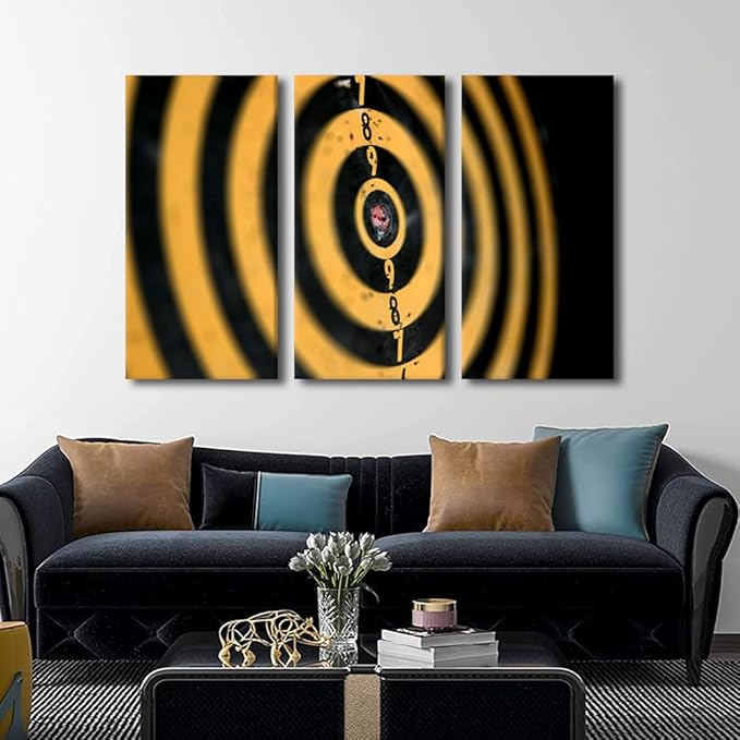 3 Panel Wall Art Yellow Retro Dart Plate Poster on Canvas Framed Art Sports Theme Paintings Home Decor Dart Plate Artwork Picture Print for Modern Home Decoration Framed Ready to Hang(28" Wx42 H)