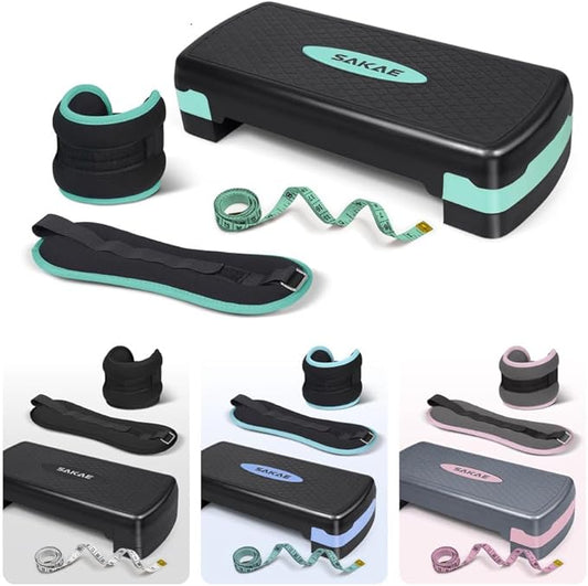 SAKAE Exercise Step Platform Set with Ankle Weights & Measuring Tape, Adjustable Height 2 Level Risers Workout Step Trainer, Aerobic Steppers for Home Gym Exercise Fitness Workout, Multiple Colors