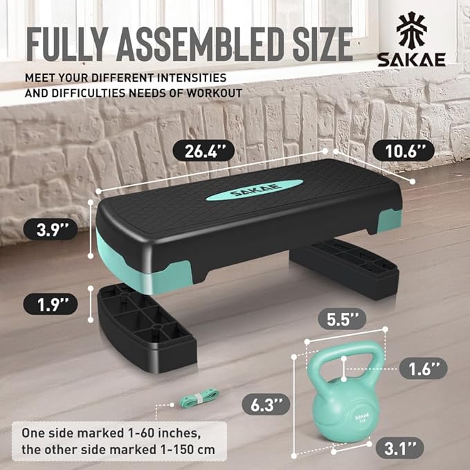 Adjustable Height Aerobic Stepper Set, Multiple Bundle Options with Dumbbells, Kettlebell, Waist Trimmer, Ankle Weights or Weighted Vest, Workout Exercise Step Platform w/Level Risers, 4 Colors