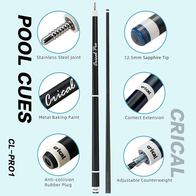 CRICAL Carbon Fiber Pool Cue Stick 58" Billiard Cue Sticks Professional Low Deflection Pool Sticks with 3/8 * 8 Pin Joint and 12.5mm Tip