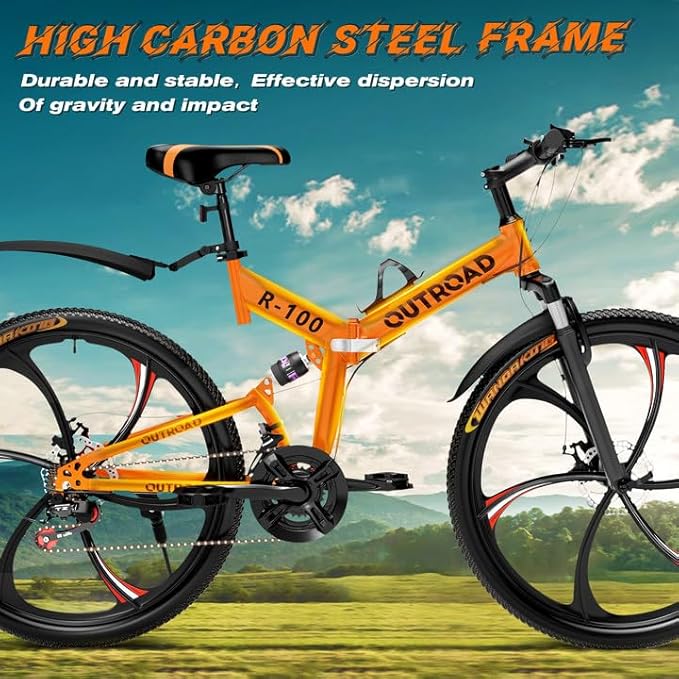 Betterland 26 Inch Folding Mountain Bike, 21 Speeds Full Suspension Foldable Bikes, Dual Disc Brake, High Carbon Steel Frame and Non-Slip Quick Release tire Bicycle for Adult