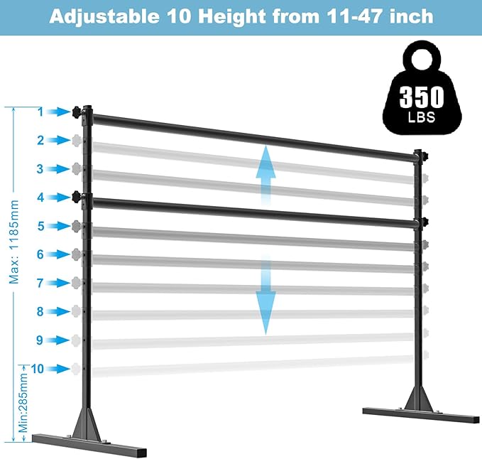 4FT/5FT/6FT Freestanding Ballet Barre 10 Height Adjustable from 11 to 47 inch Ballet Bar 350 lbs Capacity Portable Double Dance Bar for Home Workout and Stretch