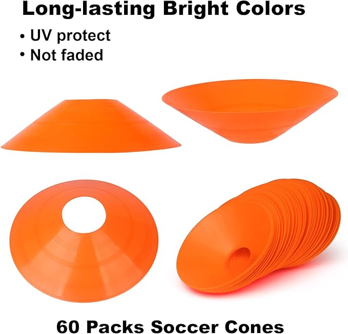 60PCS Soccer Cones with Strap Carry Bag Agility Disc Cones Soccer Training Cones, Field Marker Sport Training Cones for Challenge Football Basketball Skating Kids Games Outdoor Indoor