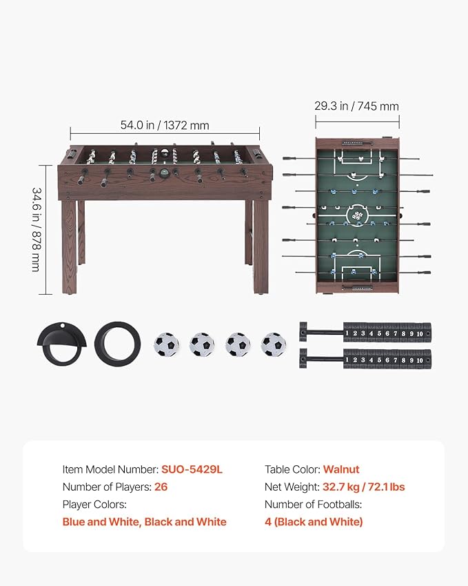 VEVOR Foosball Table 42/48/55 in Foosball Table Indoor Full Size Foosball Tables for Home, Family, and Game Room, Durable Soccer Set, Includes 2/4 Balls, Score Keeper, and 2 Cup Holders