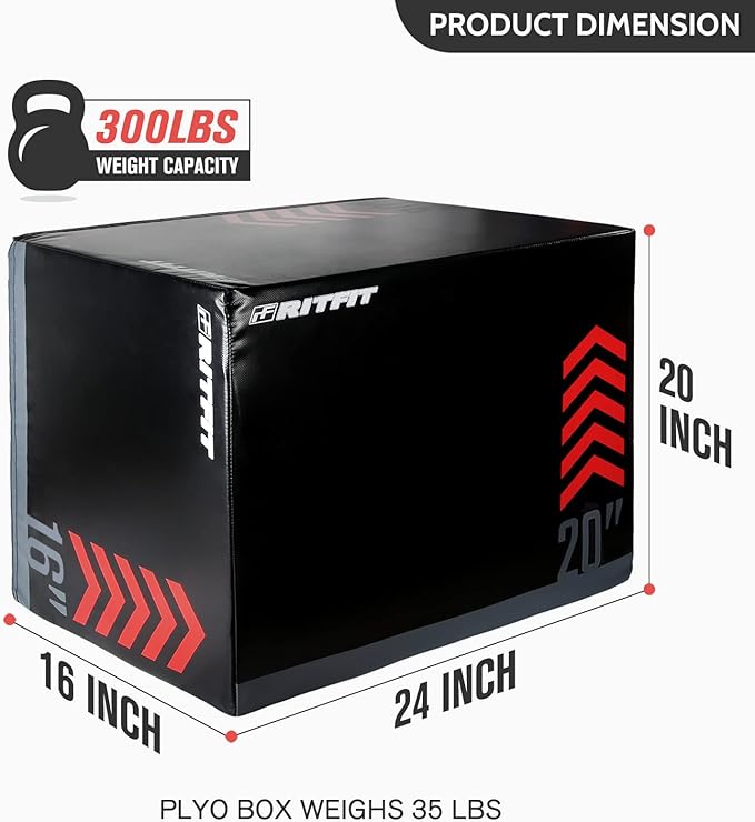 RitFit 3 in 1 Extra Firm Soft Plyo Box Foam Plyometric Box-30”x24”x20”-20"x18"x16" Heavy Duty High Density Foam Jumping Box 3 Sizes with PVC Cover,Platform for Home Gym Fitness, 440lb Weight Capacity