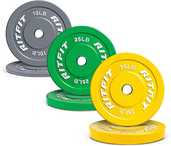 RitFit Color Coded Olympic Bumper Plate for Barbell - 2-Inch Weight Plates With Steel Insert, Rubber Weights for Strength Training in Home Gym