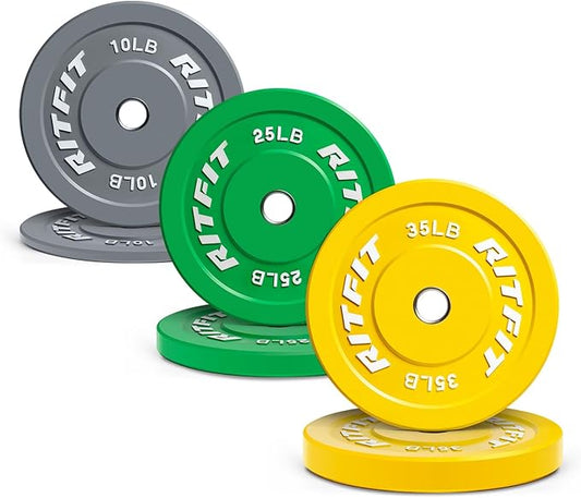 RitFit Color Coded Olympic Bumper Plate for Barbell - 2-Inch Weight Plates With Steel Insert, Rubber Weights for Strength Training in Home Gym