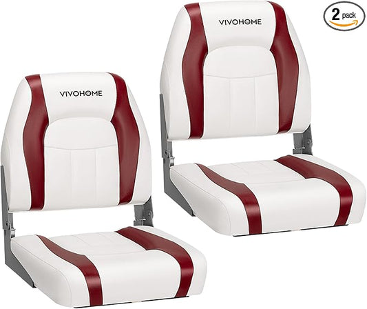 VIVOHOME Folding Low Back Boat Seats 2 Pack, Waterproof Boat Captain Chairs, 4 Mounting Screws Included, White and Red