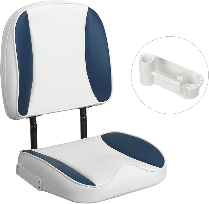 Folding Boat Seat Low Back Fishing Boat Seats with Caddy Organizer, White/Blue/White